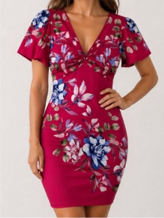 Dresses & Skirts - GUESS Pink Floral Plunge-Neck Scuba Dress. Size 10.